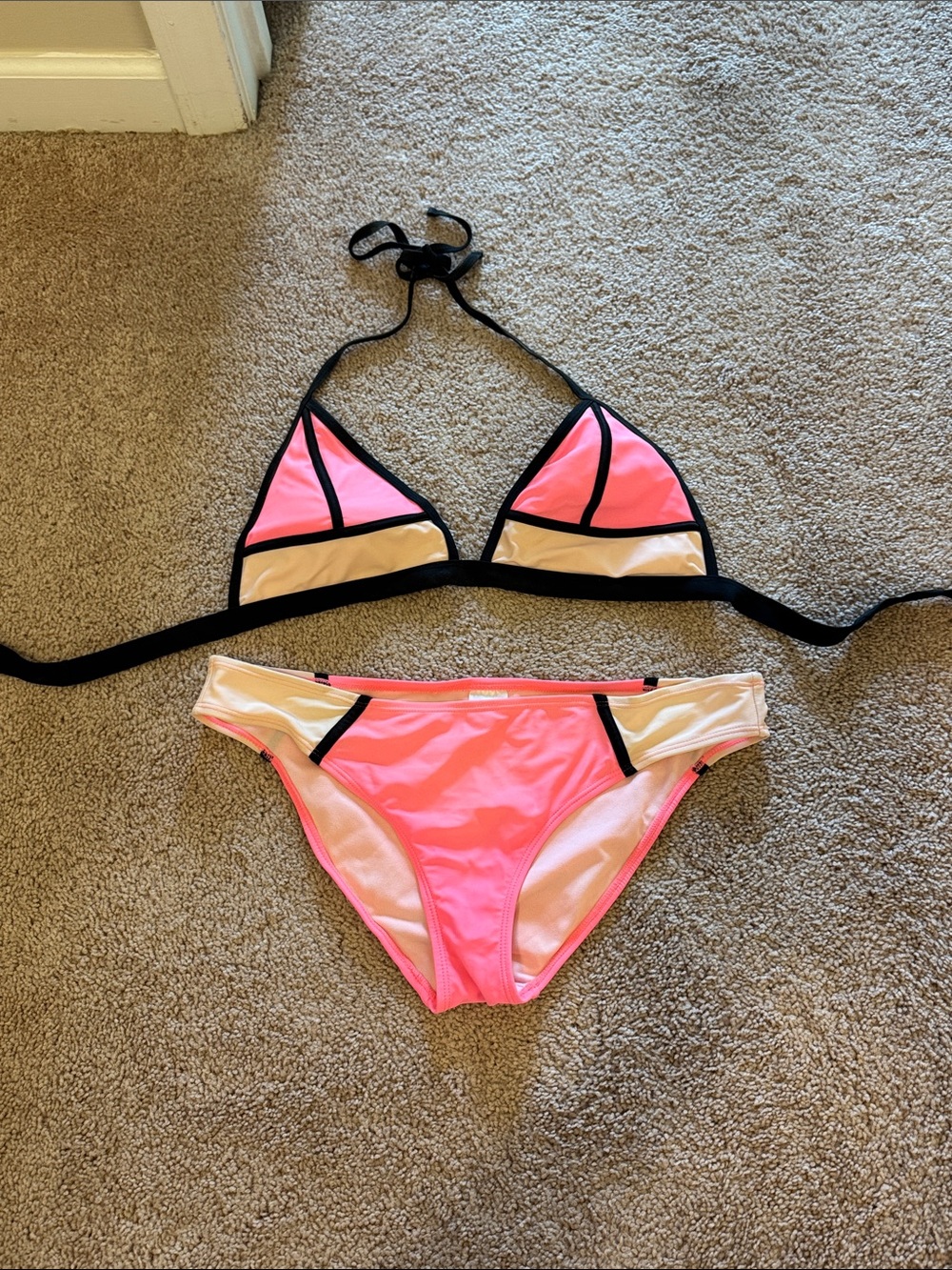 Neon Pink and Cream Triangle Bikini Set with Black Trim